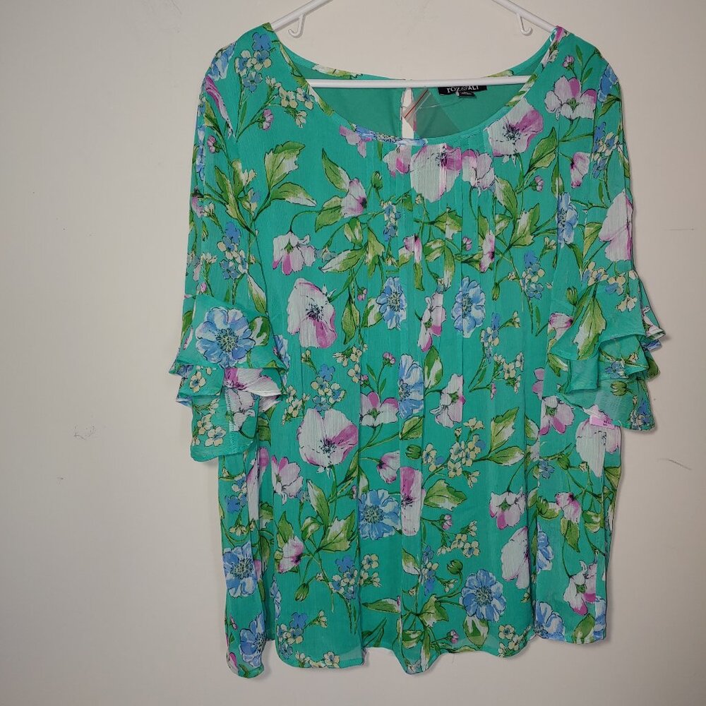 Roz & Ali Floral Pintuck Front Blouse Ruffled Short Sleeves Size 2X Green